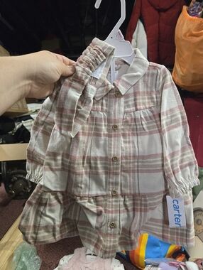 Carter's Cream and Pink Plaid Button-Front Dress with Matching Headband